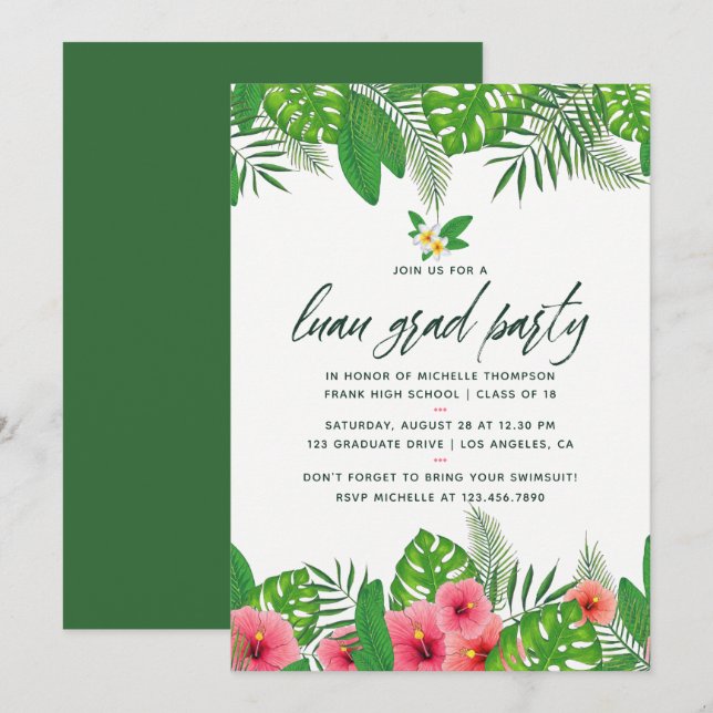 Aquarelle tropicale Luau Invitation de la fête de  (Devant / Derrière)