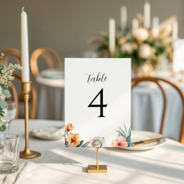 Aquarelle tropicale Mariage floral Numéro de table (tropical wedding table sign white)