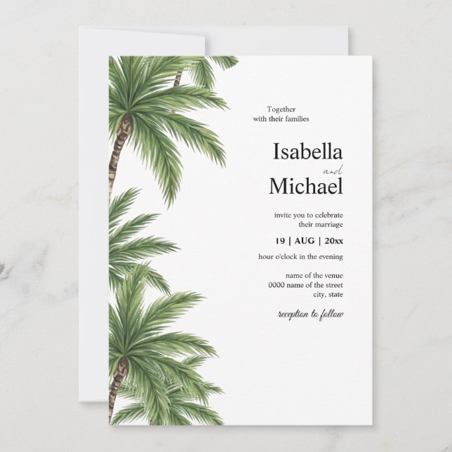 Aquarelle tropicale Palmiers Faire-part de mariage (Devant)