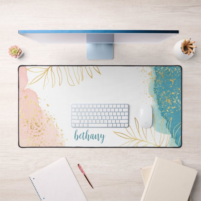 Aquarelle Tropicale Pink Gold Leaf Personnalisé (Bureau 1)