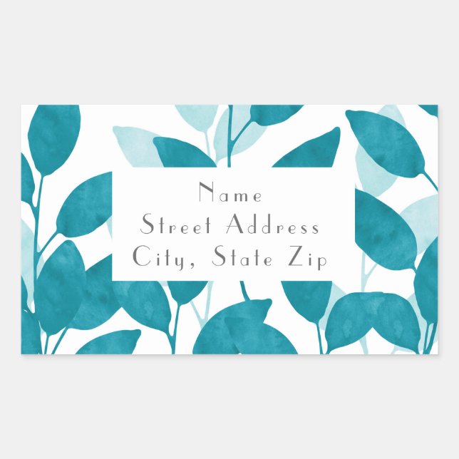 Aquarelle turquoise bleue Feuilles Étiquette (Devant)