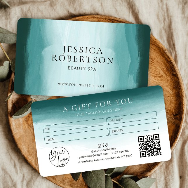 Aquarelle turquoise Esthétique Spa certificat cade (Elegant teal watercolor business gift voucher with your logo, QR code and contact details)