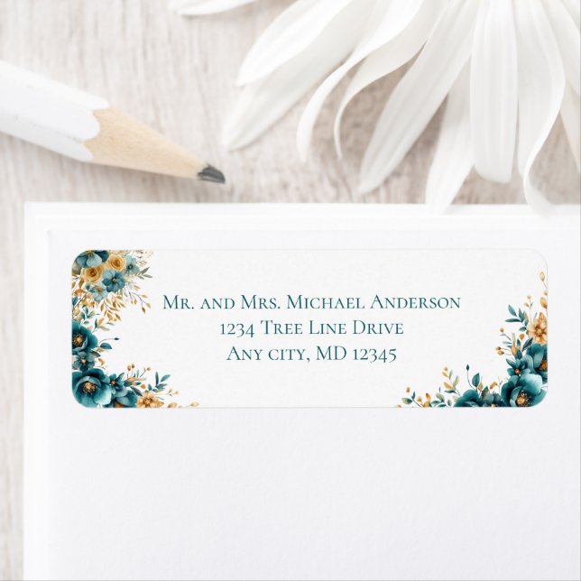 Aquarelle turquoise or Floral Adresse de retour (En situation)
