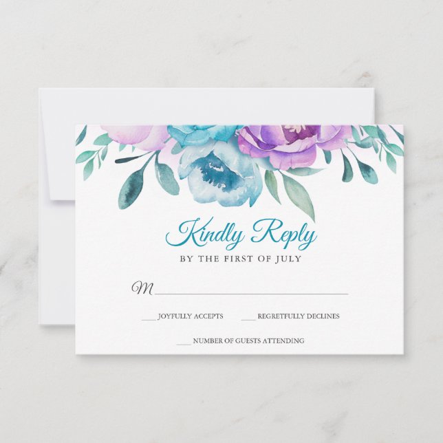 Aquarelle Turquoise violet Bat mitzvah floral RSVP (Devant)
