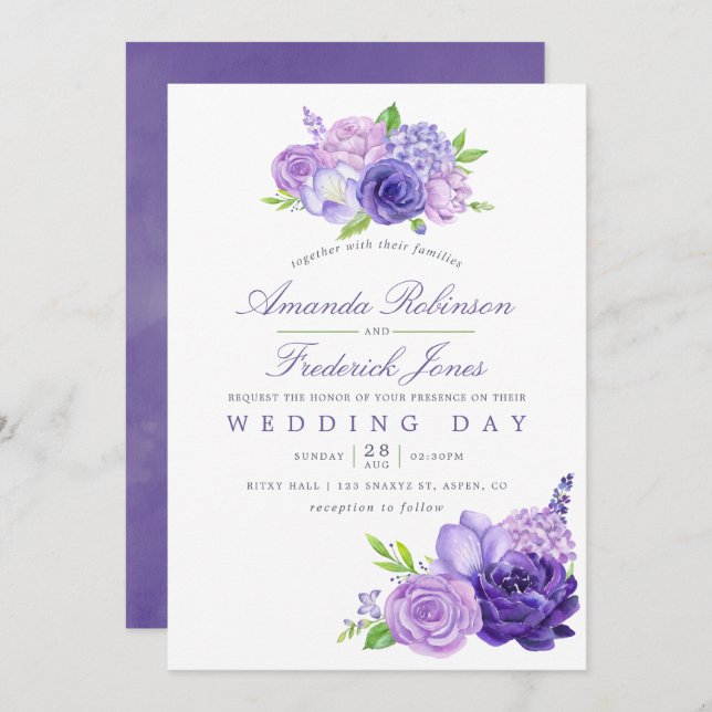 Aquarelle ultra violette Faire-part de mariage flo (Devant / Derrière)