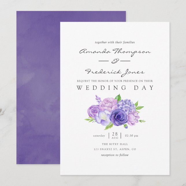 Aquarelle ultra violette Faire-part de mariage flo (Devant / Derrière)