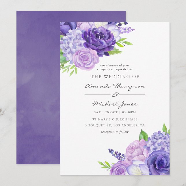 Aquarelle ultra violette Faire-part de mariage flo (Devant / Derrière)