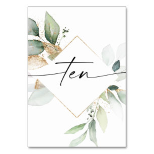 Aquarelle Verdure et or Numéros de table Dix