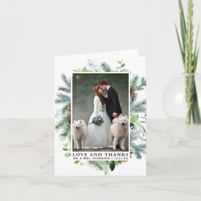 Aquarelle Verdure Pine Love Merci Mariage Note (Devant)