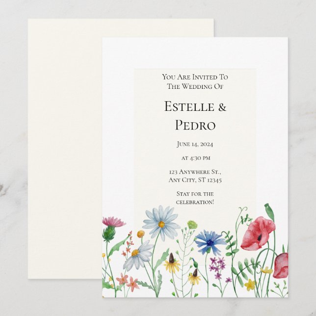 Aquarelle vert beige Faire-part de mariage fleuri (Devant / Derrière)