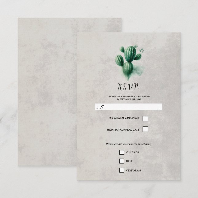 Aquarelle Vert Cactus Pierre Gris mariage RSVP (Devant / Derrière)