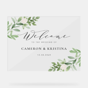 Aquarelle vert et fleurs blanches Mariage