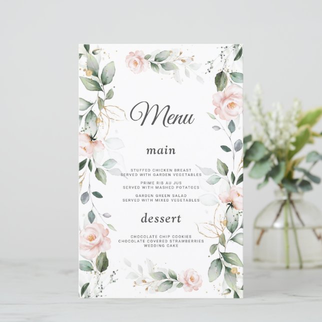 Aquarelle Vert Fleurs roses Mariage or Menu (Debout devant)