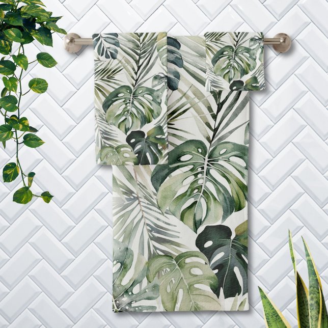 Aquarelle Vert Forêt tropicale Feuille Motif (In situ)