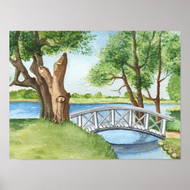 Aquarelle Vert Lac Arbres Poster Imprimer (Devant)