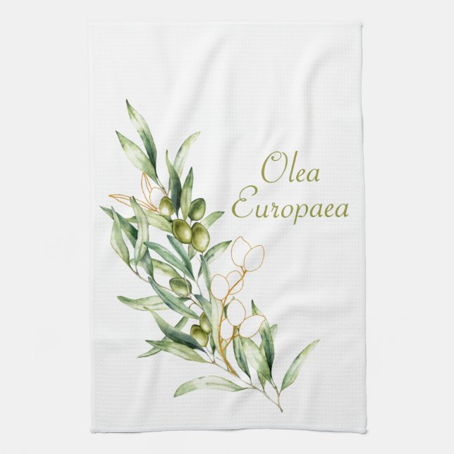 Aquarelle Vert Olive Branche Serviette de cuisine (Vertical)