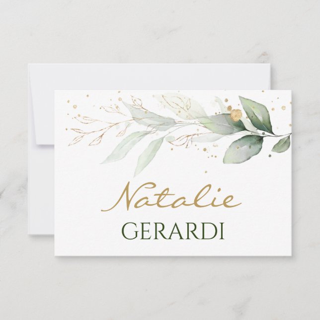 Aquarelle vert & or feuillage Carte place (Devant)