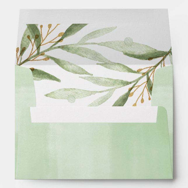 Aquarelle vert or feuilles enveloppes 5x7 carte (Dos (Bas))