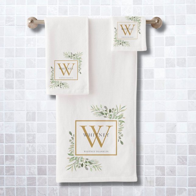 Aquarelle Vert Or Nom du monogramme (Watercolor Greenery Gold Monogram Name Bath Towel Set)