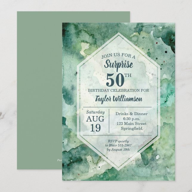 Aquarelle verte Abstraite moderne Invitations d'an (Devant / Derrière)