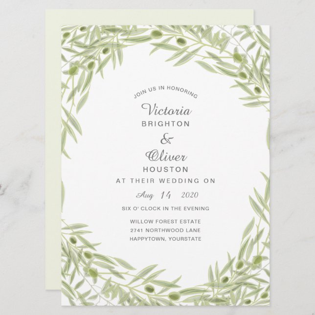 Aquarelle verte Branche d'olive Mariage Invitation (Devant / Derrière)