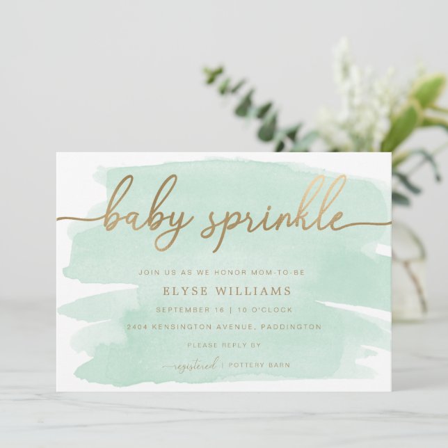 Aquarelle verte Gold Baby Sprinkle Invitation (Debout devant)