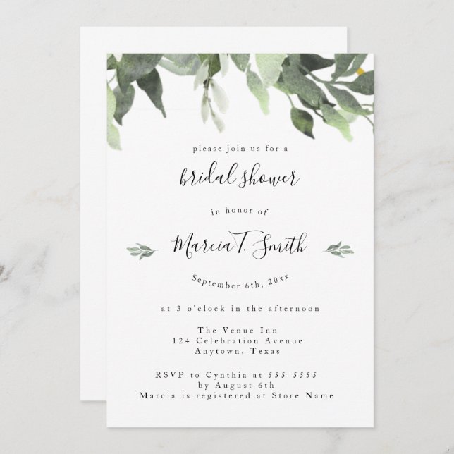 Aquarelle verte Invitations de douche nuptiale (Devant / Derrière)
