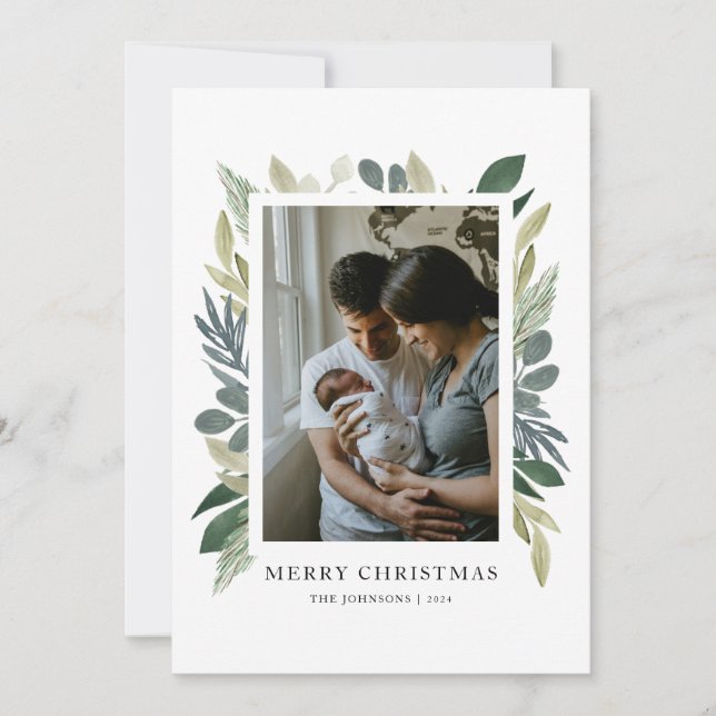 Aquarelle verte Joyeux Carte photo de Noël (Devant)