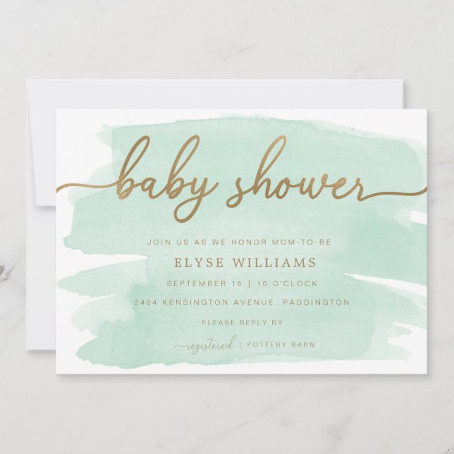 Aquarelle verte Mint Gold Baby shower Invitation (Devant)