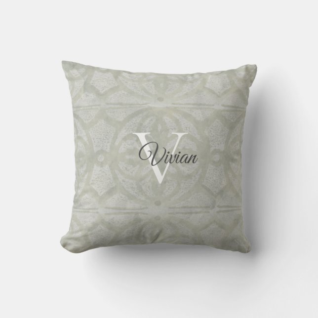 Aquarelle verte Sage Monogramme Nom Oreiller (Recto)