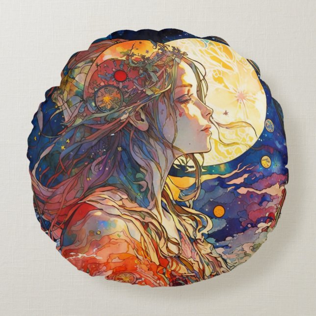 Aquarelle vibrante de Coussin rond fille et lune (Devant)