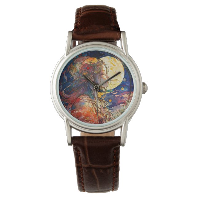 Aquarelle vibrante de Montre de Fille et Lune (devant)