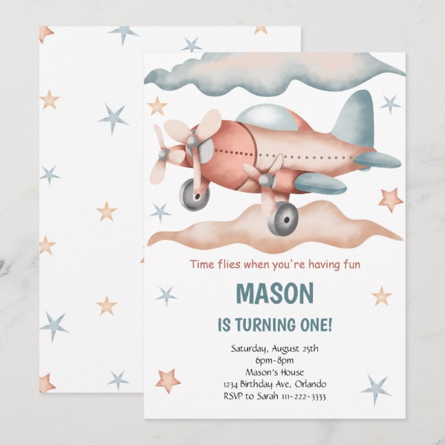 Aquarelle Vintage Avion Invitation d'anniversaire (Devant / Derrière)
