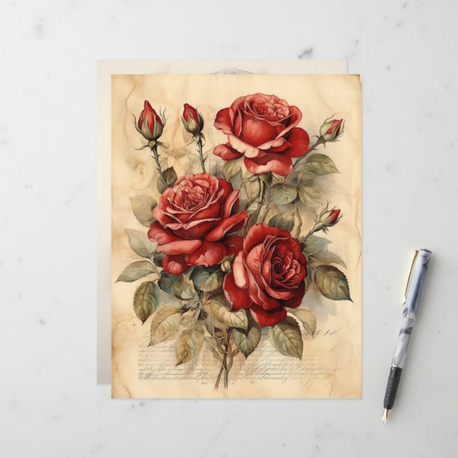 Aquarelle vintage Roses Rouges Papier Carton (Devant/Arrière en situation)