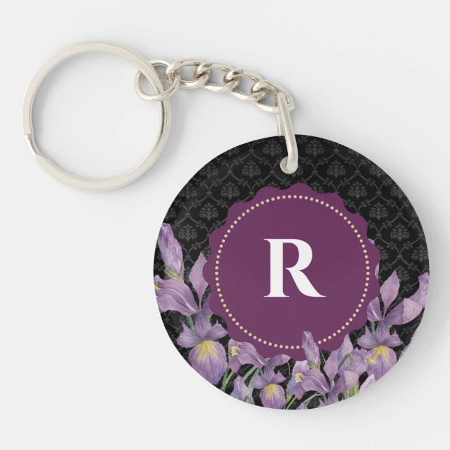 Aquarelle violet Iris noir Damas Monogramme (Devant)