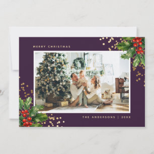 Aquarelle violet or Holly Photo Cartes de Noël
