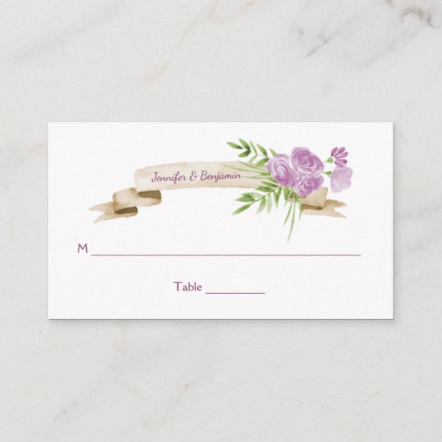 Aquarelle violet Roses et verdure Cartes de lieu (Devant)