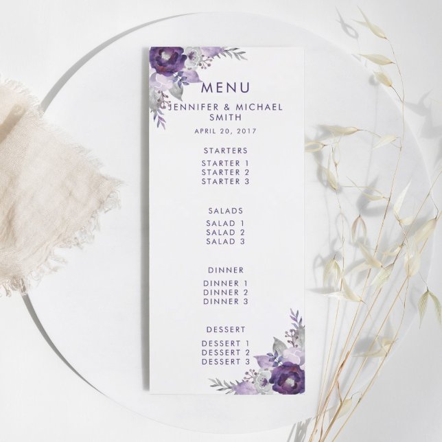 Aquarelle violette et argentée Menu Mariage Floral (Purple and Silver Watercolor Floral Wedding Menu)