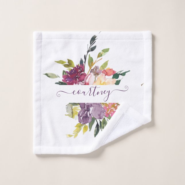 Aquarelle violette et rouge florale personnalisée (Gant de toilette)