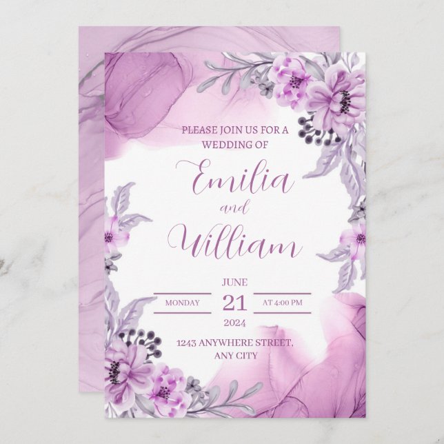 Aquarelle violette Faire-part de mariage florale (Devant / Derrière)