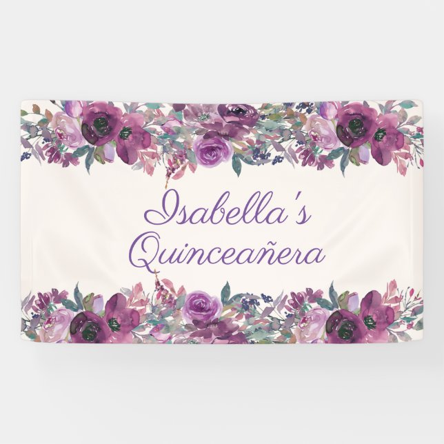 Aquarelle violette Floral Quinceañera Bannière (Horizontal)