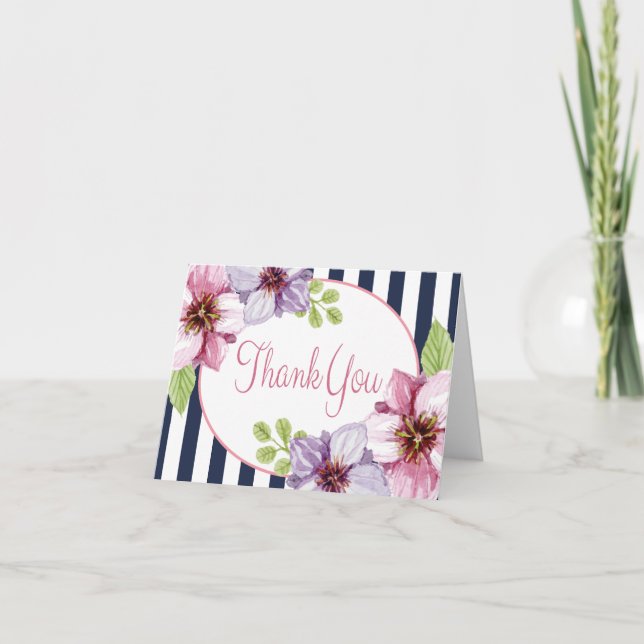 Aquarelle violette Florale Merci Bleu rayures (Devant)