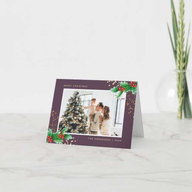 Aquarelle violette Holly Photo Joyeuse Carte de No (Devant)