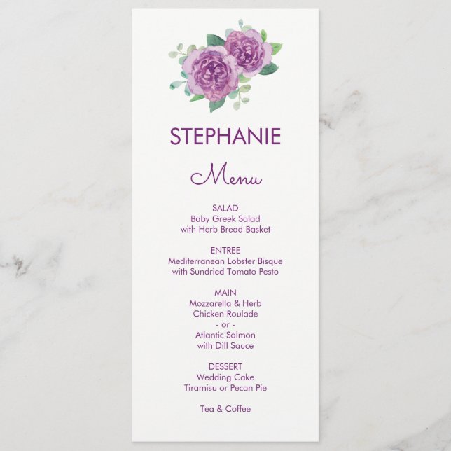 Aquarelle violette Rose Nom du client Mariage Menu (Devant)