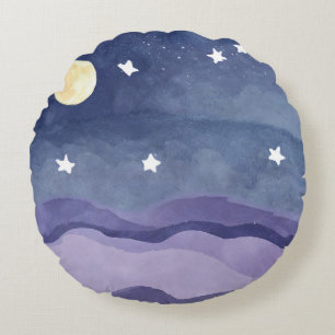 Aquarelle vive Lune étoile brillant Coussin rond