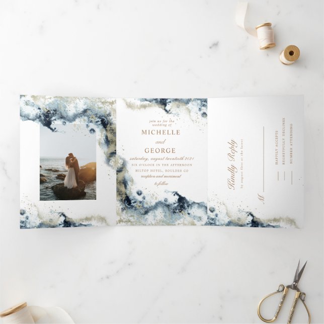 Aquarelle Waves Faire-part de mariage à trois vole (Intérieur)
