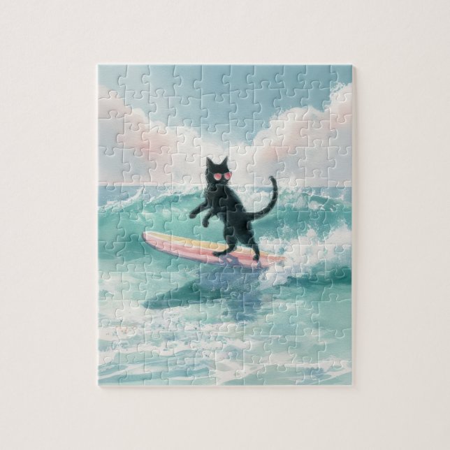 Aquarelle Whimsical Black Cat Surfing Puzzle (Vertical)