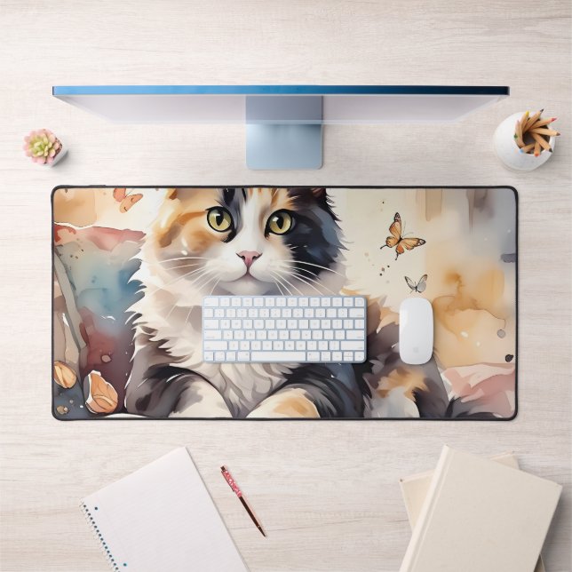 Aquarelle Whimsical Calico Chat et Papillons (Bureau 1)