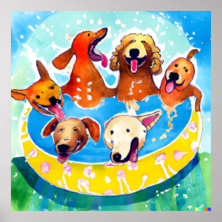 Aquarelle Whimsical Dogs Pool Poster du Carré de l