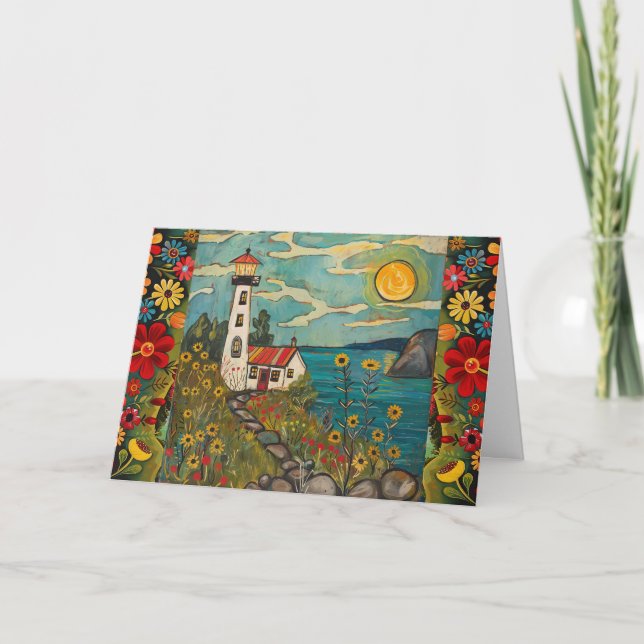 Aquarelle Whimsical Floral Light House Carte blanc (Devant)